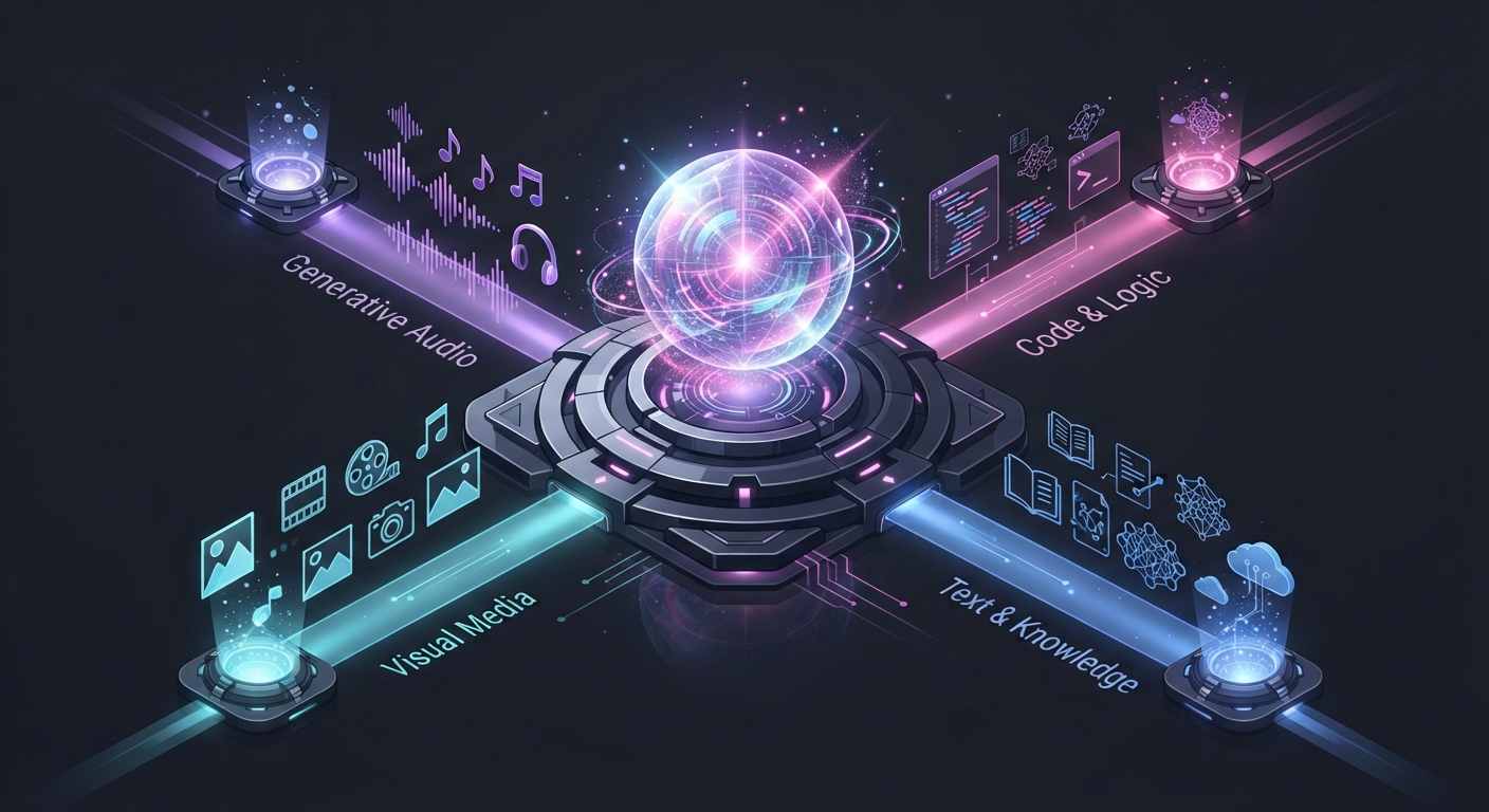 An abstract illustration of a glowing hub radiating pathways toward video, image, character and audio generation