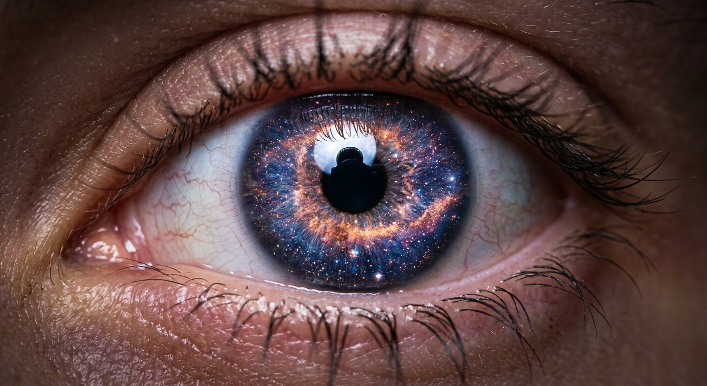 Extreme close-up of an eye with a galaxy reflected in the iris