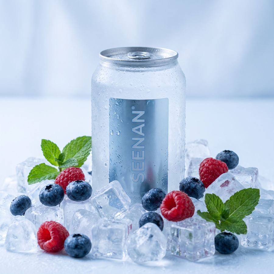 Close-up product shot of a Seenan can nestled in ice with berries and water droplets