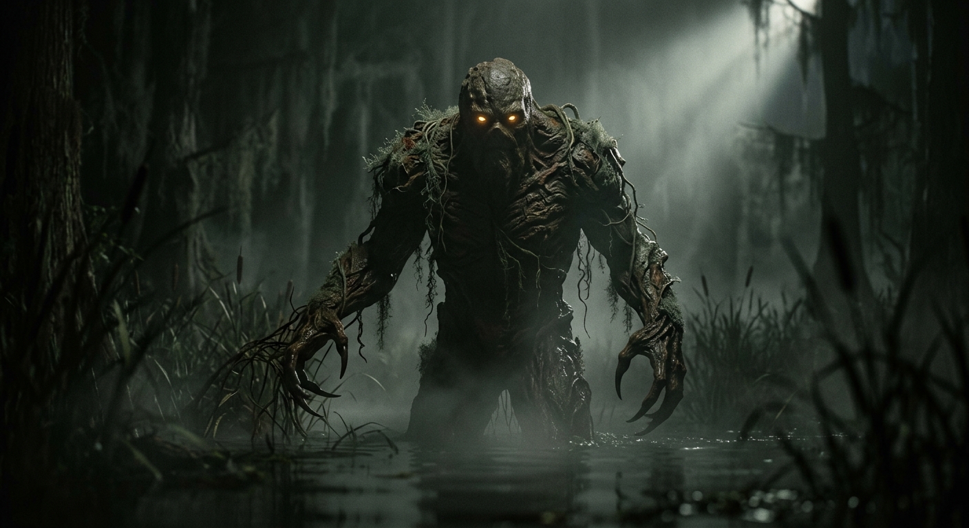Swamp creature with glowing eyes emerging from misty water